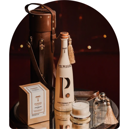 Palmaráe Gin Premier Cru, handgefertigte Ledertasche und Kerze